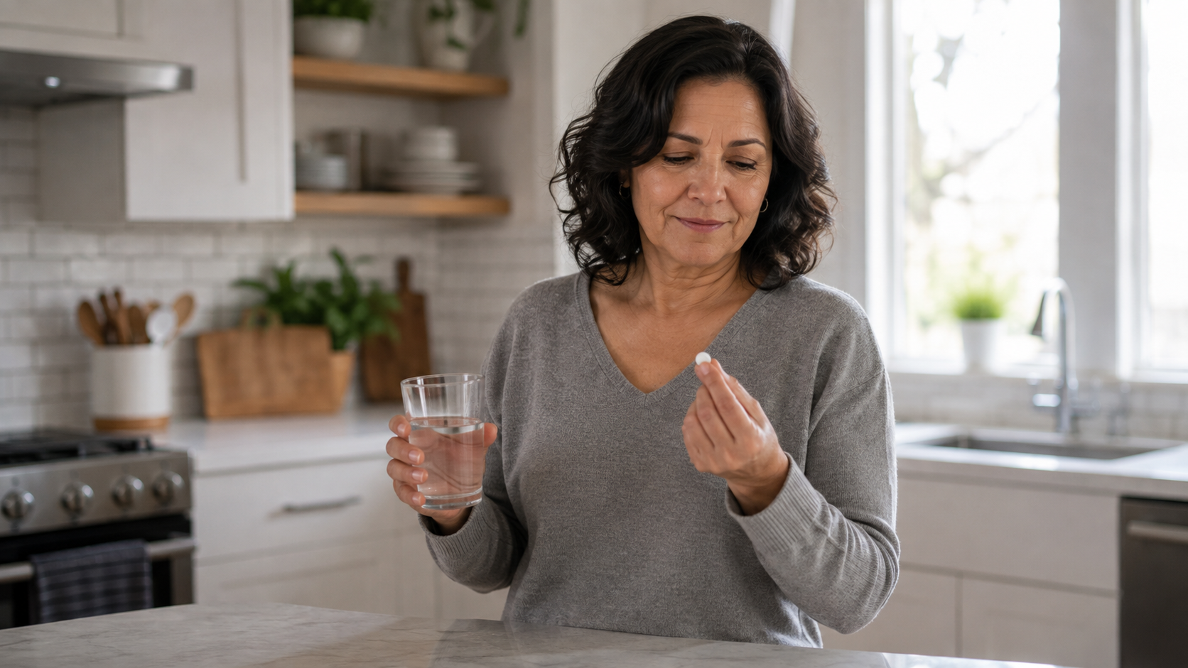 Woman taking medication for TMJ pain relief at home