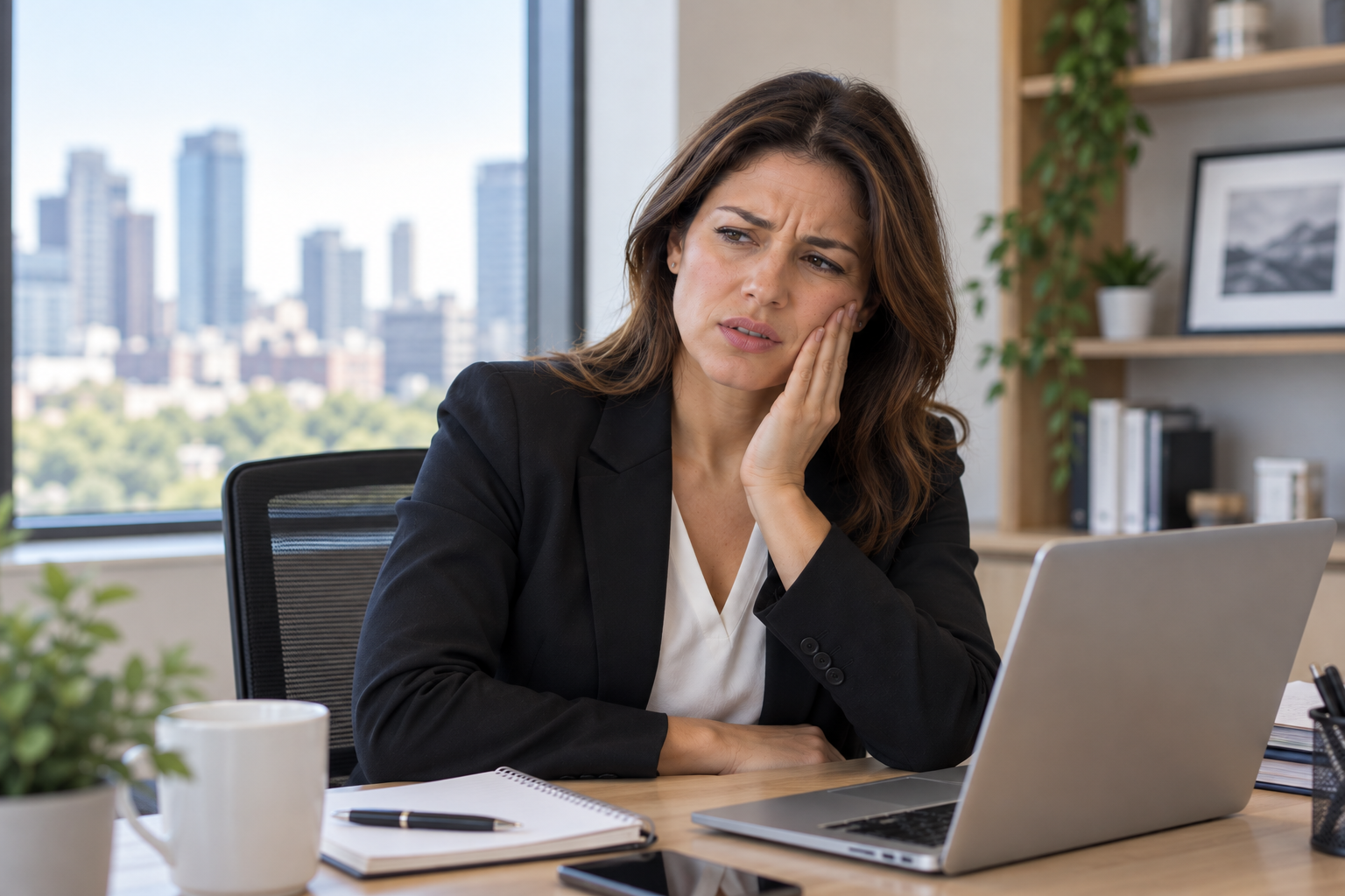 Woman gently touching her cheek, wondering why a toothache has lingered after a dental exam showed nothing wrong