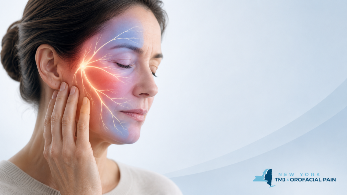 Illustration showing trigeminal neuralgia, a chronic facial nerve pain condition that causes sudden electric shock-like pain in the face and jaw.
