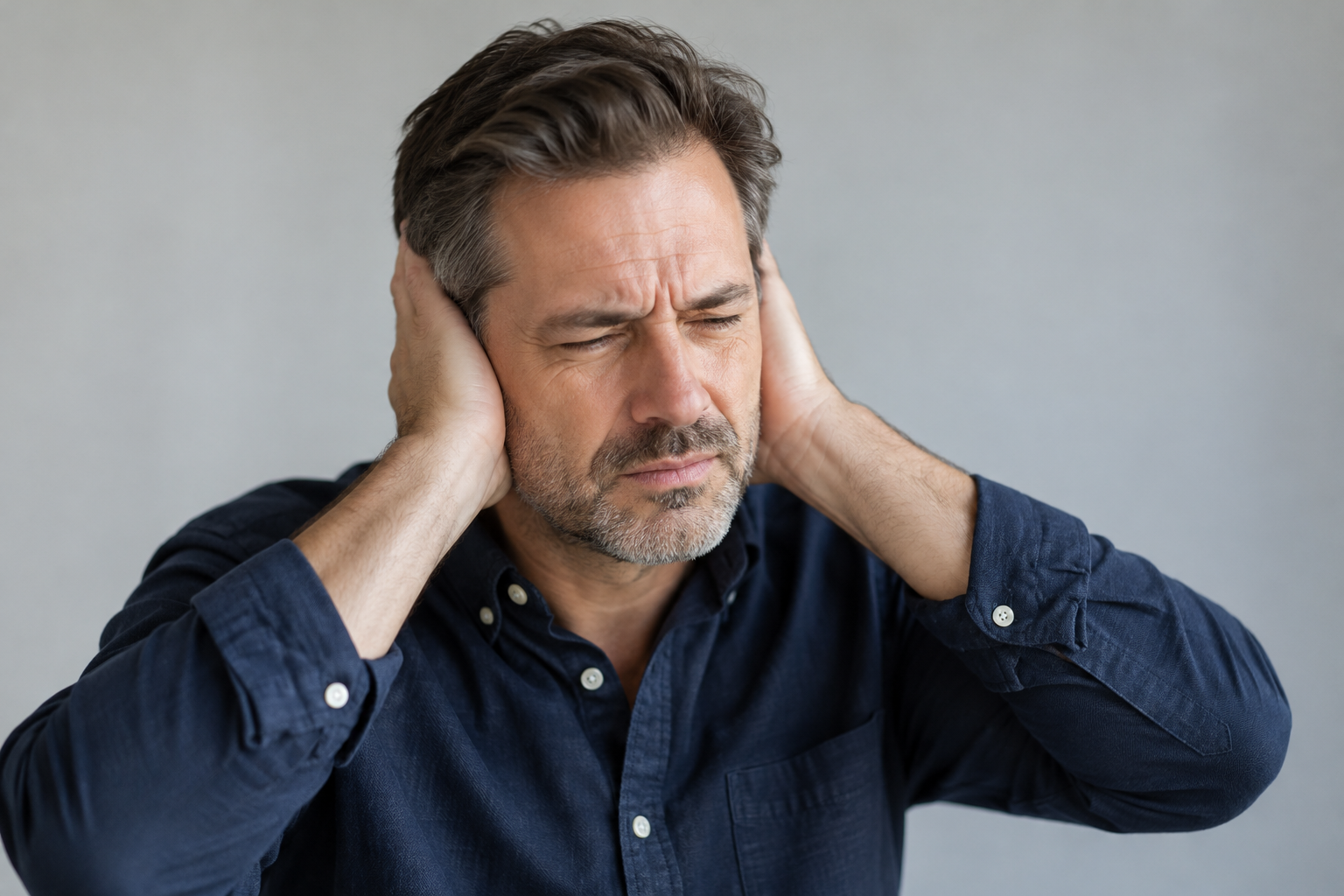 Man with his hands over both ears, frustrated by ringing in his ears that may be linked to TMJ
