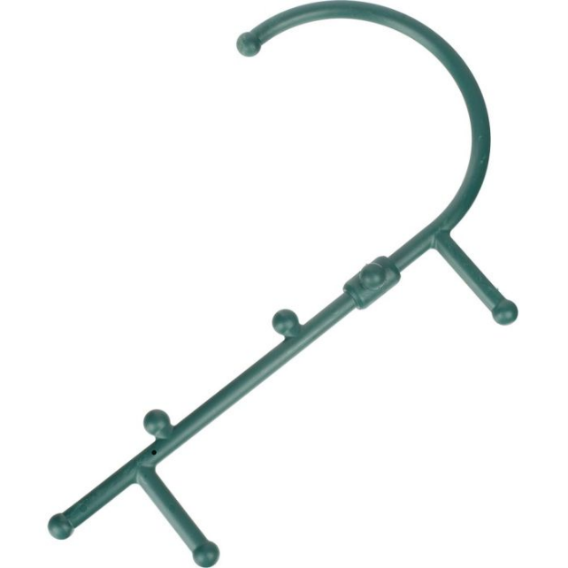 An S-shaped Theracane used for self-massage and trigger point release in the neck and upper back—critical for patients whose TMJ symptoms are linked to neck tension.