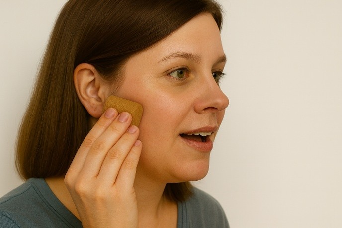 A close-up view of a natural wine cork, commonly used as a self-care tool to massage and relieve tension in the jaw muscles, particularly the masseter and temporalis.