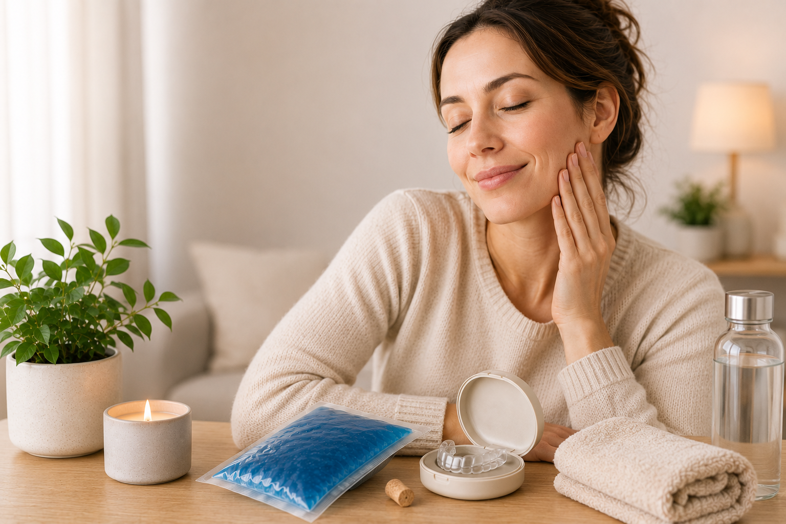 Woman practicing TMJ self-care with a cold pack, night guard, wine cork, and towel on a table.