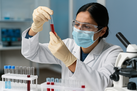 Scientist in medical research lab analyzing samples related to infectious disease.