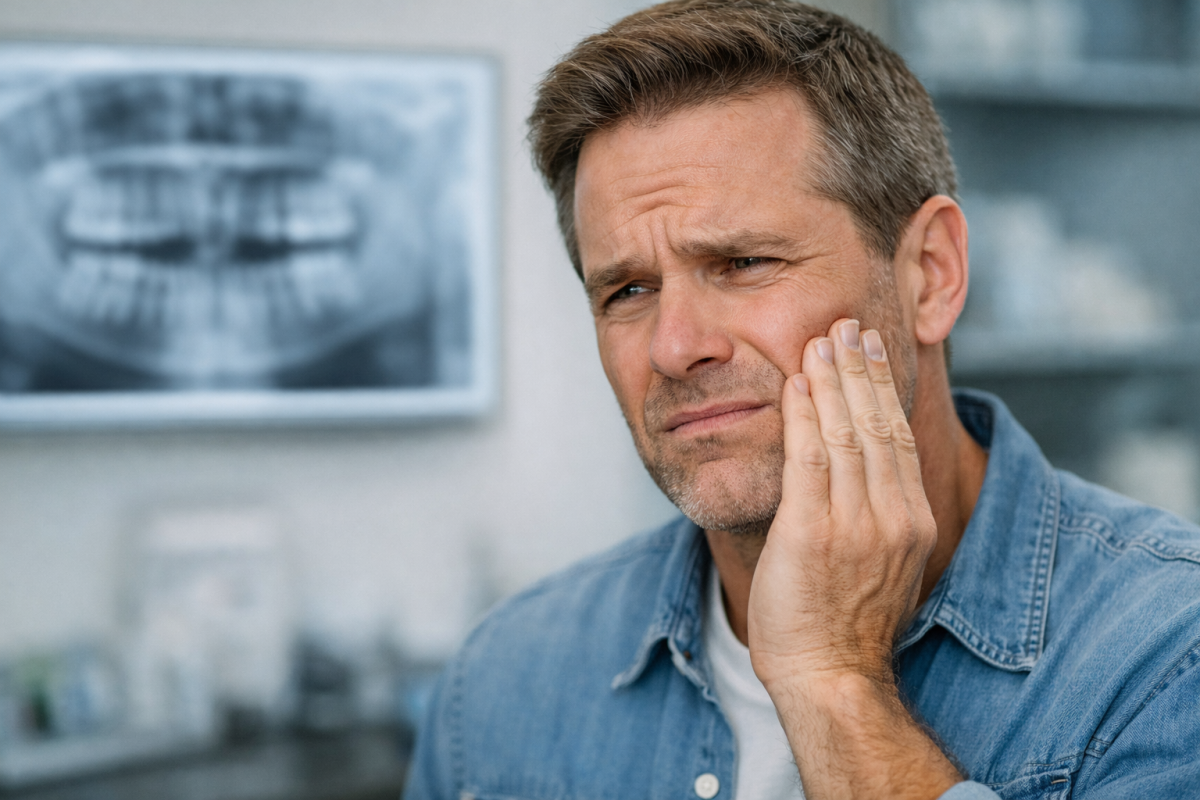 Man holding jaw in discomfort with a normal dental X-ray in the background, representing tooth pain not caused by dental issues.