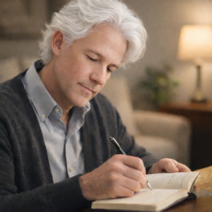 Patient documenting symptoms in pain journal for nonodontogenic dental pain diagnosis