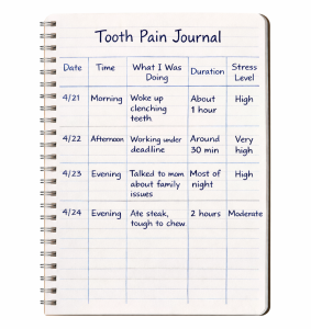 Tooth pain journal showing dated entries with pain triggers, duration, and stress levels to help identify patterns in non-dental tooth pain.