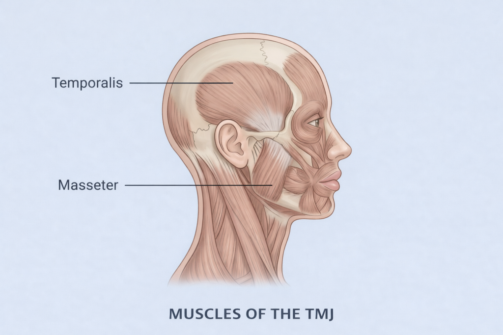 Anatomical illustration of masseter and temporalis muscles involved in jaw function and TMJ disorders