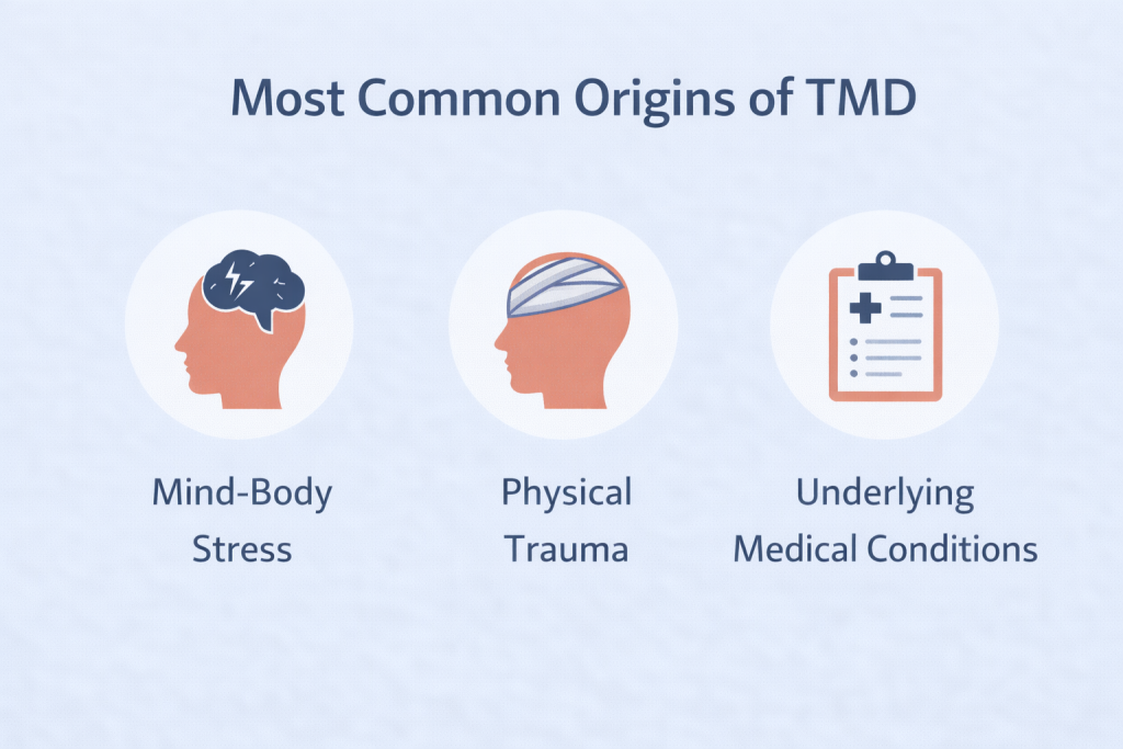 Diagram showing mind-body stress, physical trauma, and medical conditions as causes of TMJ disorders