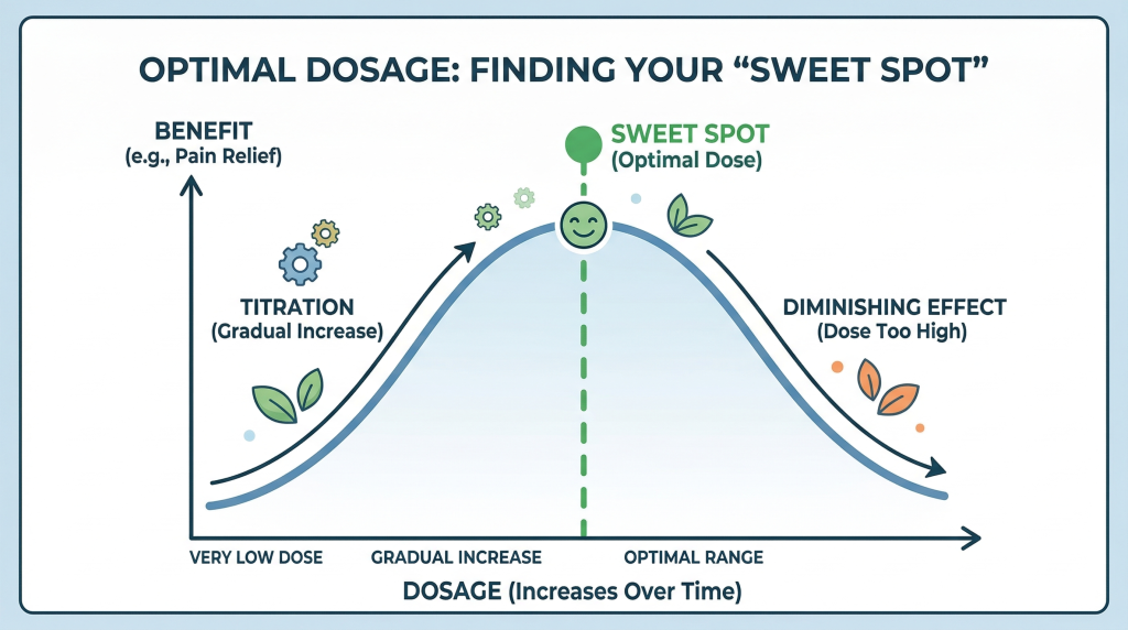 A bell curve graph showing Low-Dose Naltrexone (LDN) titration, highlighting the "sweet spot" where pain relief is highest before benefits diminish at higher doses.