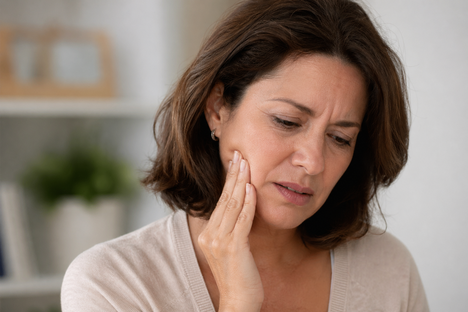 Woman experiencing jaw pain and holding temporomandibular joint area