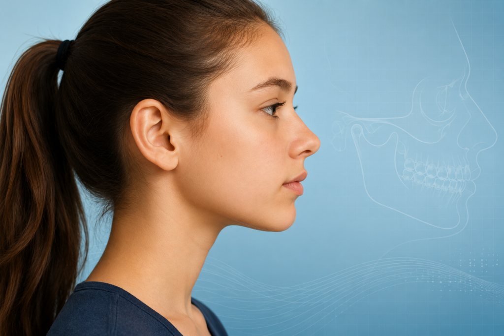Side profile of a teenage girl with a jaw anatomy illustration overlay highlighting the temporomandibular joint and bite structure