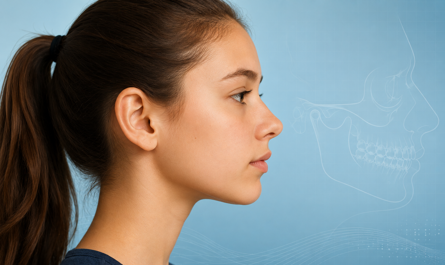 Side profile of a teenage girl with a jaw anatomy illustration overlay highlighting the temporomandibular joint and bite structure