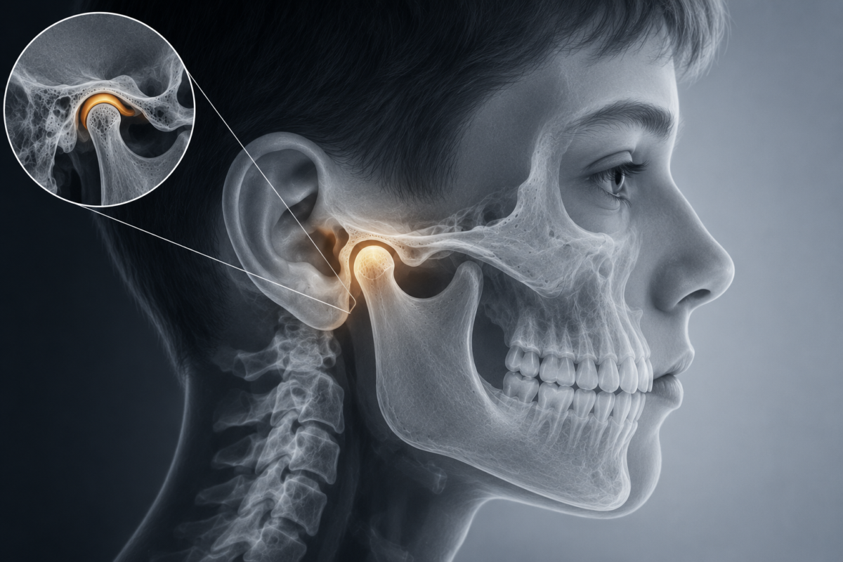 Radiographic-style side profile illustration highlighting the temporomandibular joint anatomy in an adolescent patient