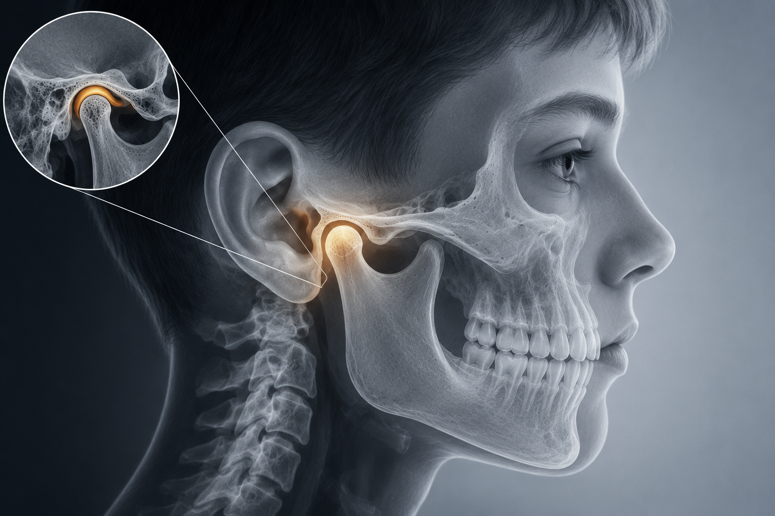 Radiographic-style side profile illustration highlighting the temporomandibular joint anatomy in an adolescent patient