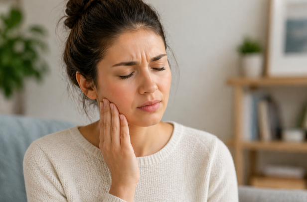 woman holding jaw with discomfort TMJ hypermobility jaw instability
