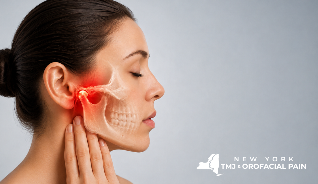 Medical illustration highlighting the temporomandibular joint and potential systemic contributors to TMD symptoms.