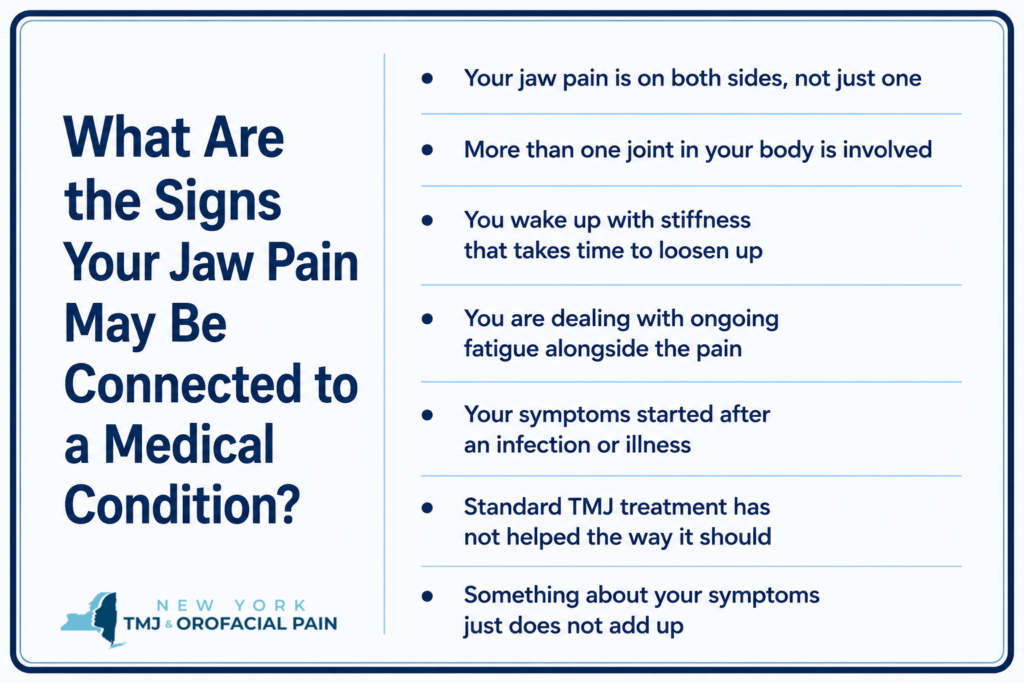 Signs your jaw pain may be connected to a medical condition, including pain on both sides, joint involvement, morning stiffness, fatigue, symptoms after illness, and lack of response to standard TMJ treatment