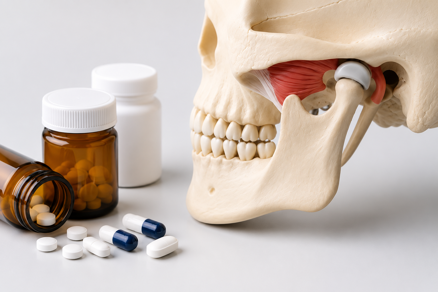 Anatomical skull model of the temporomandibular joint beside prescription medication bottles representing the potential role of commonly prescribed medications in temporomandibular disorders (TMD) and orofacial pain.