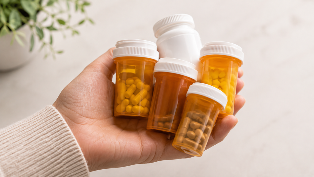 A hand holding several prescription pill bottles, representing commonly prescribed medications that may contribute to TMJ jaw pain