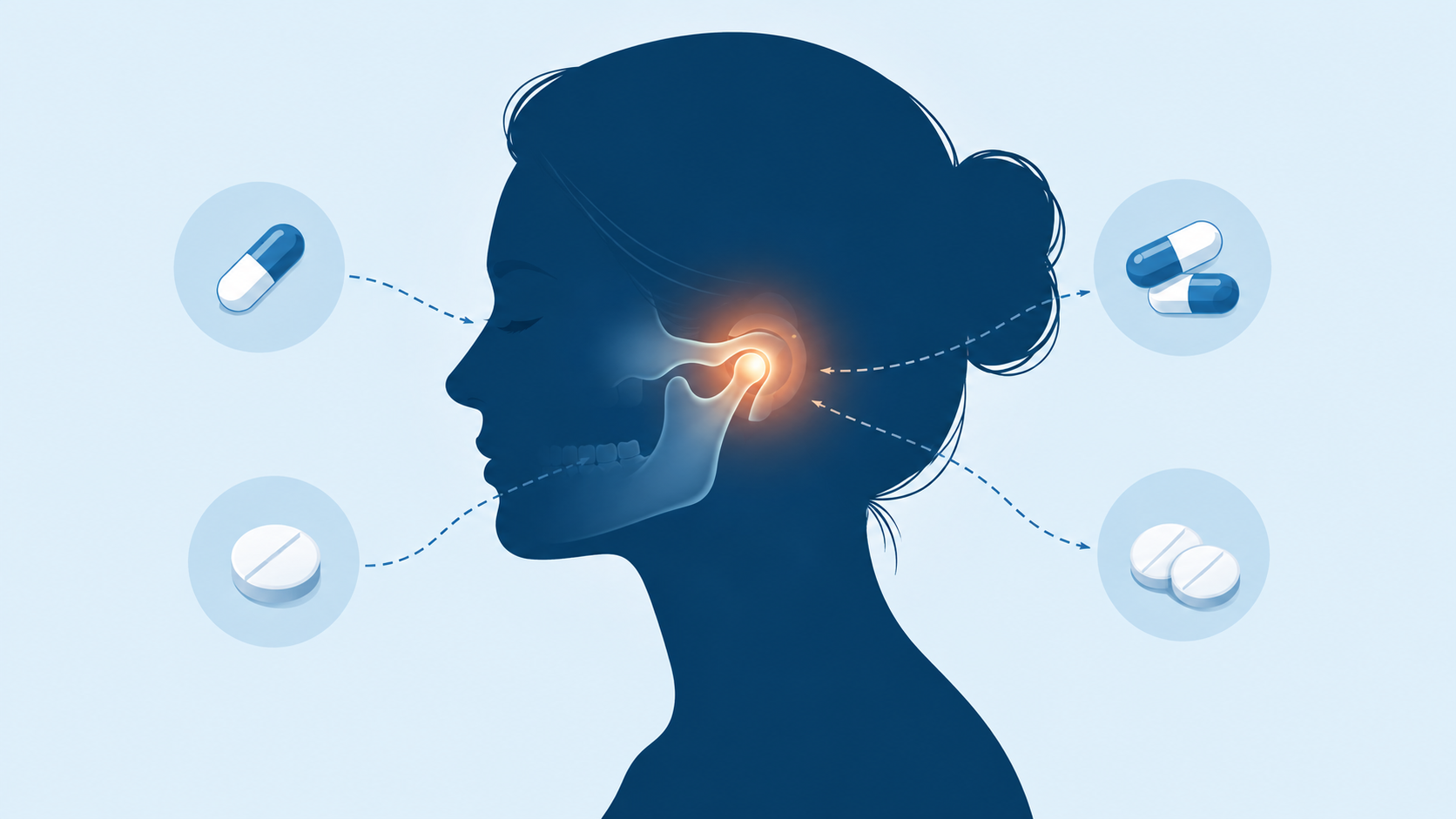 Illustrated side-profile silhouette of a person with the jaw joint highlighted and surrounding medication icons connected by dashed lines, representing the link between common medications and TMJ pain.