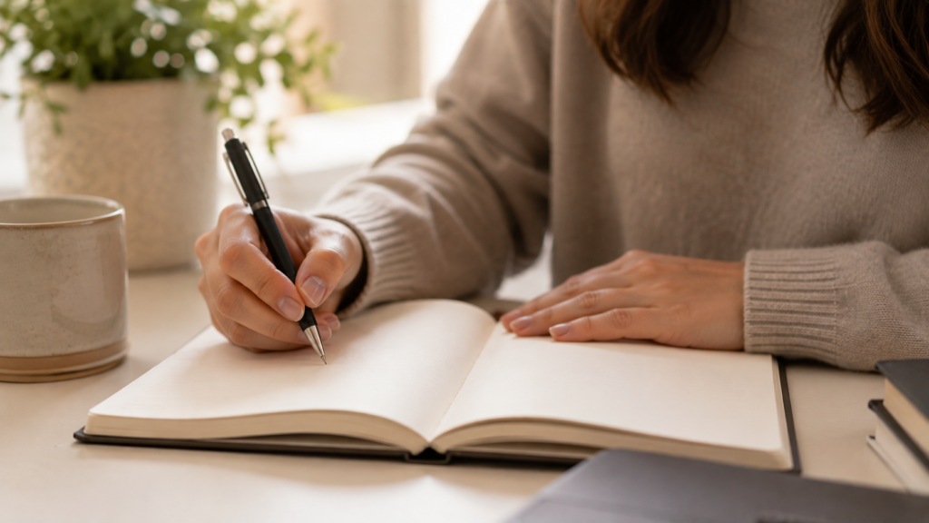A person's hands writing in a notebook, representing the importance of tracking when jaw symptoms began in relation to medication changes