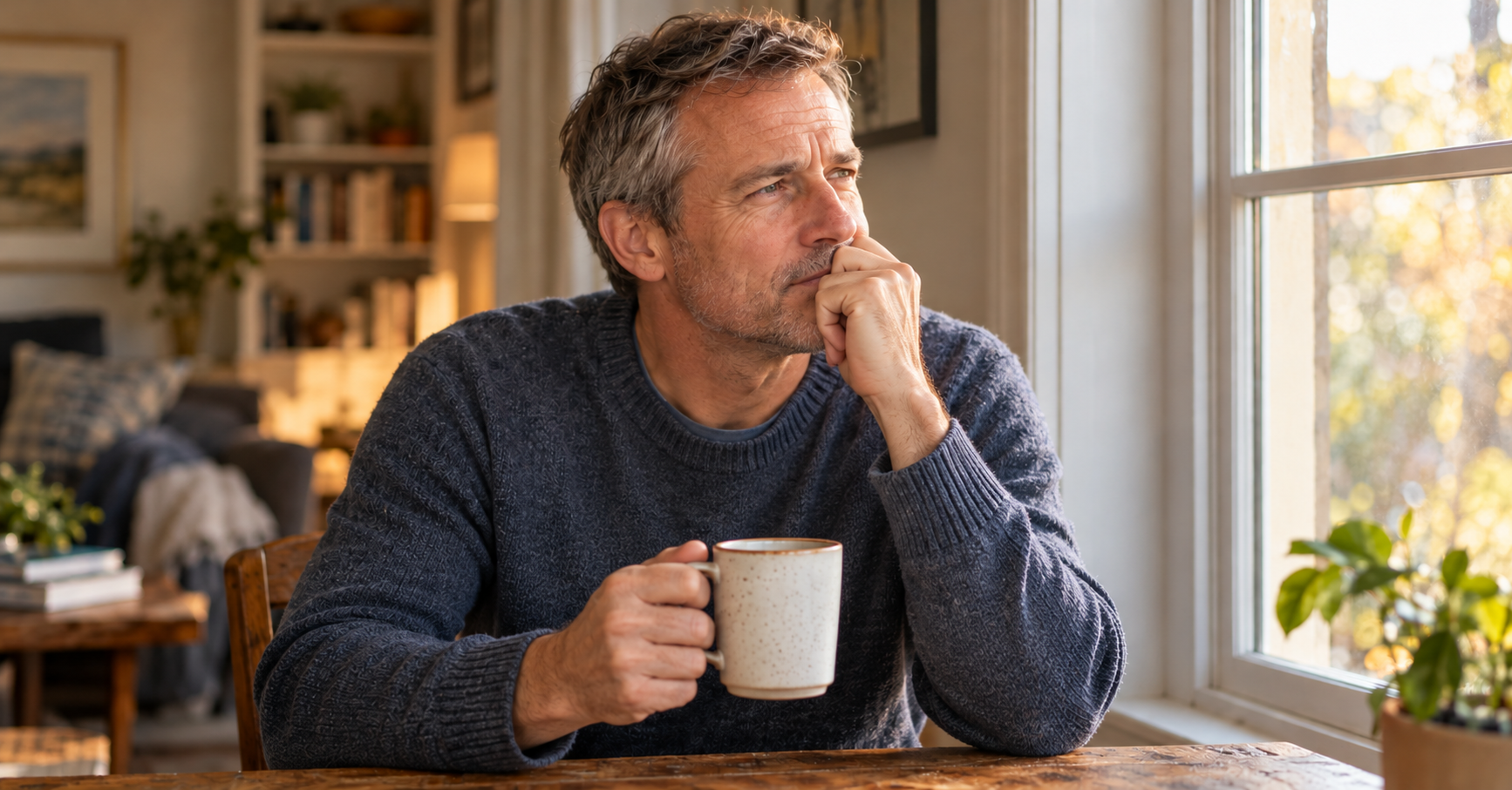 Man sitting by a window with a cup of coffee, thoughtfully considering whether TMJ surgery is the right choice
